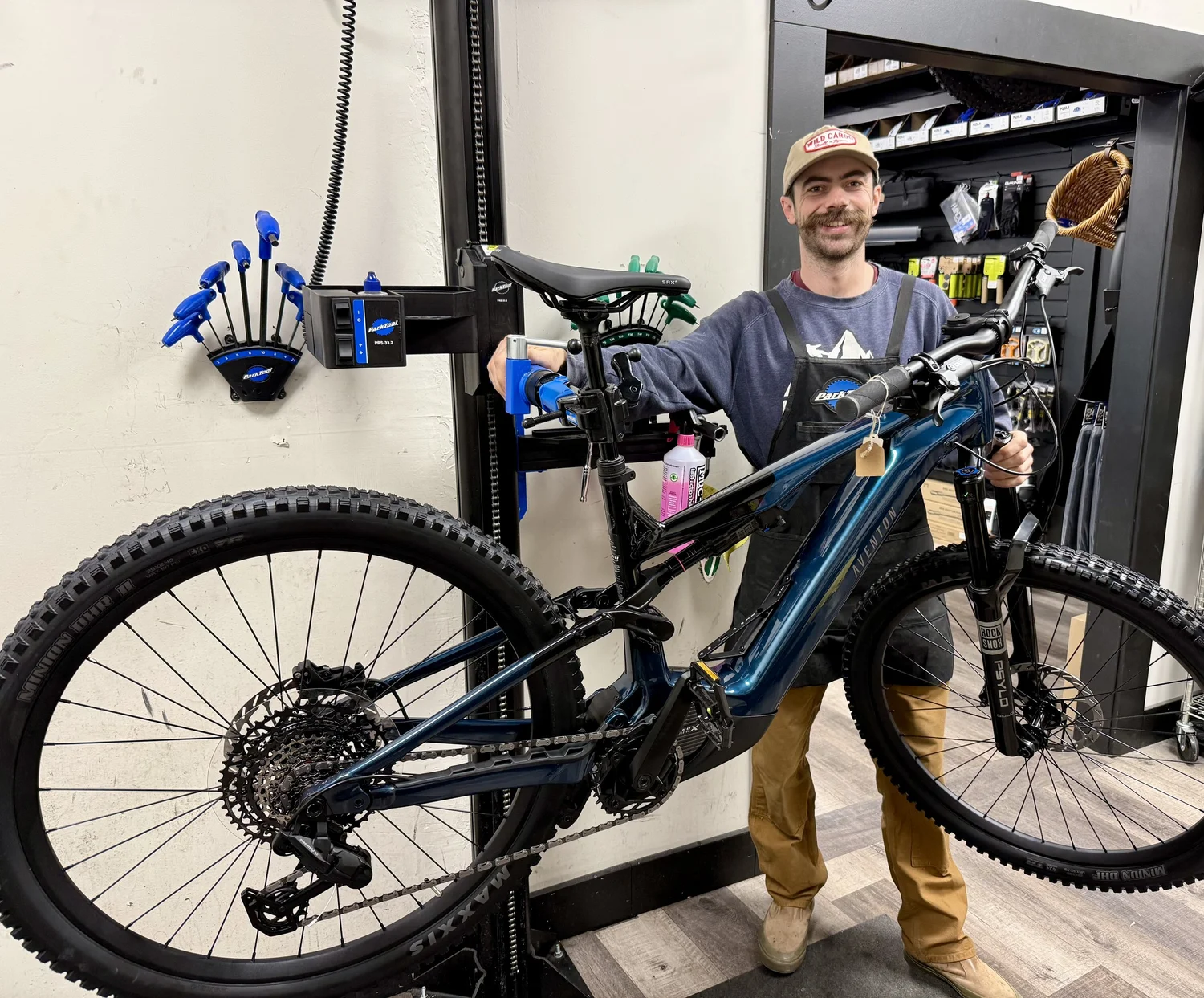 An Aventon e-bike on the repair stand at Montana E-Bikes