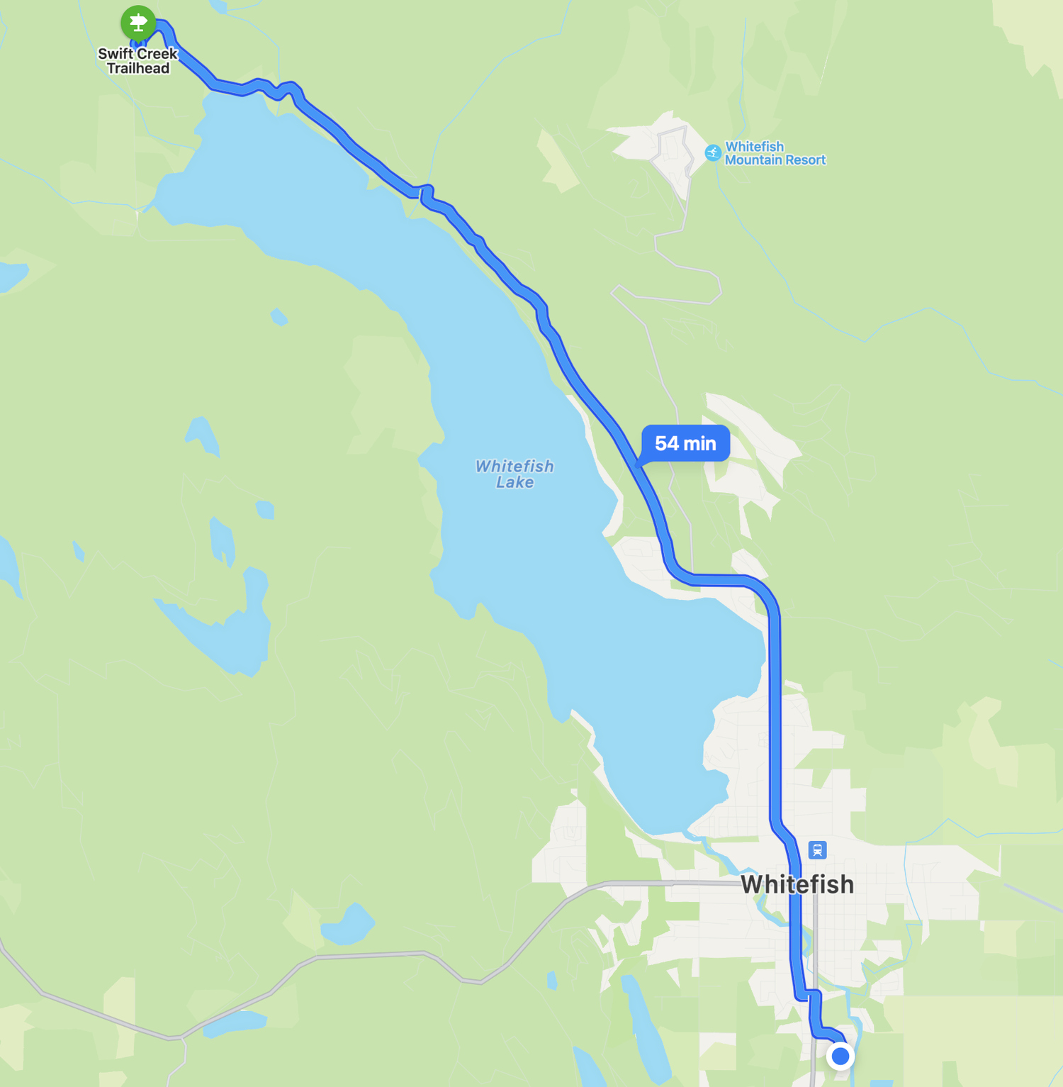 A map of where to ride an e-bike in Whitefish starting from Montana E-Bikes and More out to Swift Creek Trailhead and back.