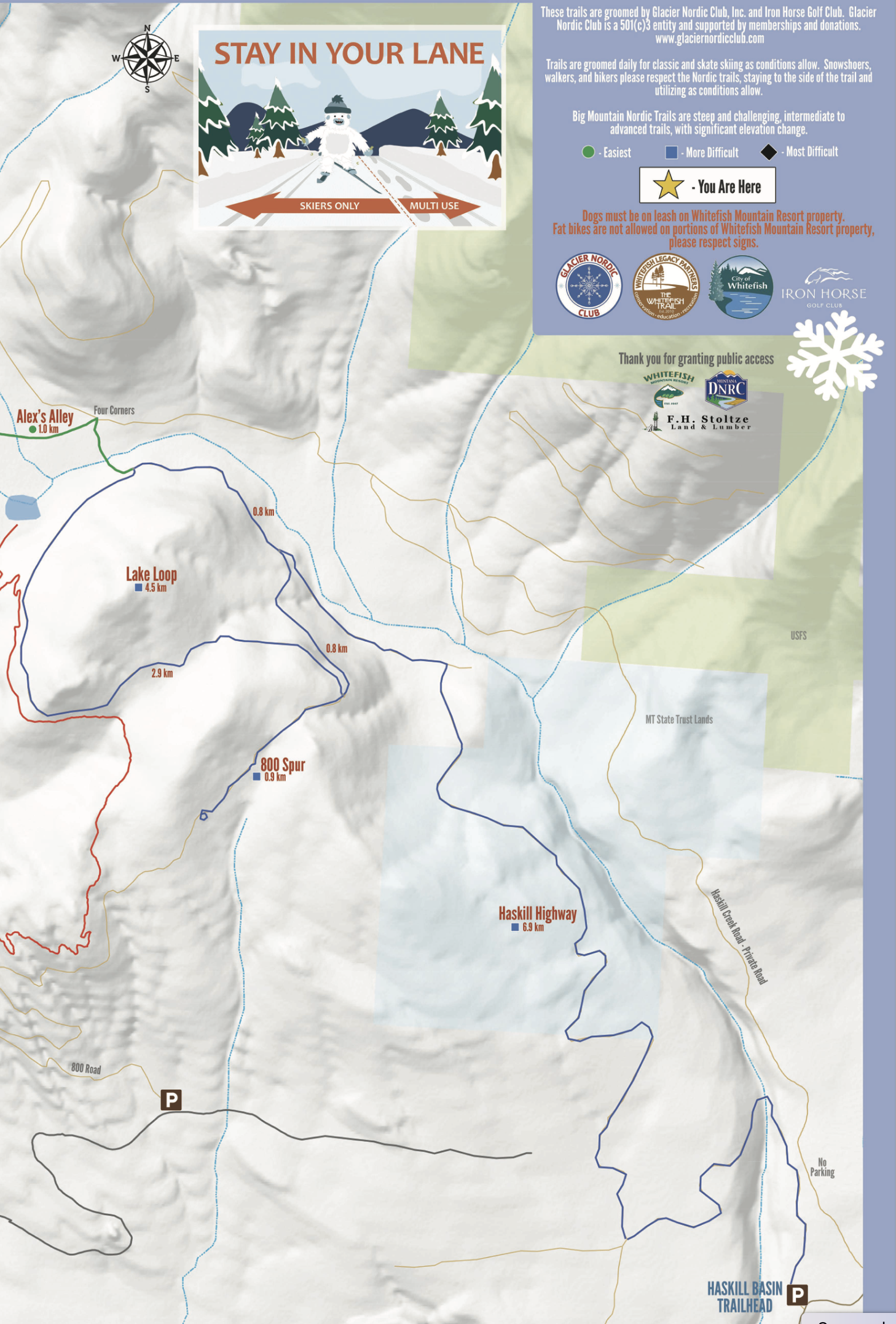 A map of Haskill Basin near Whitefish, Montana with a blue line showing the e-bike trail.